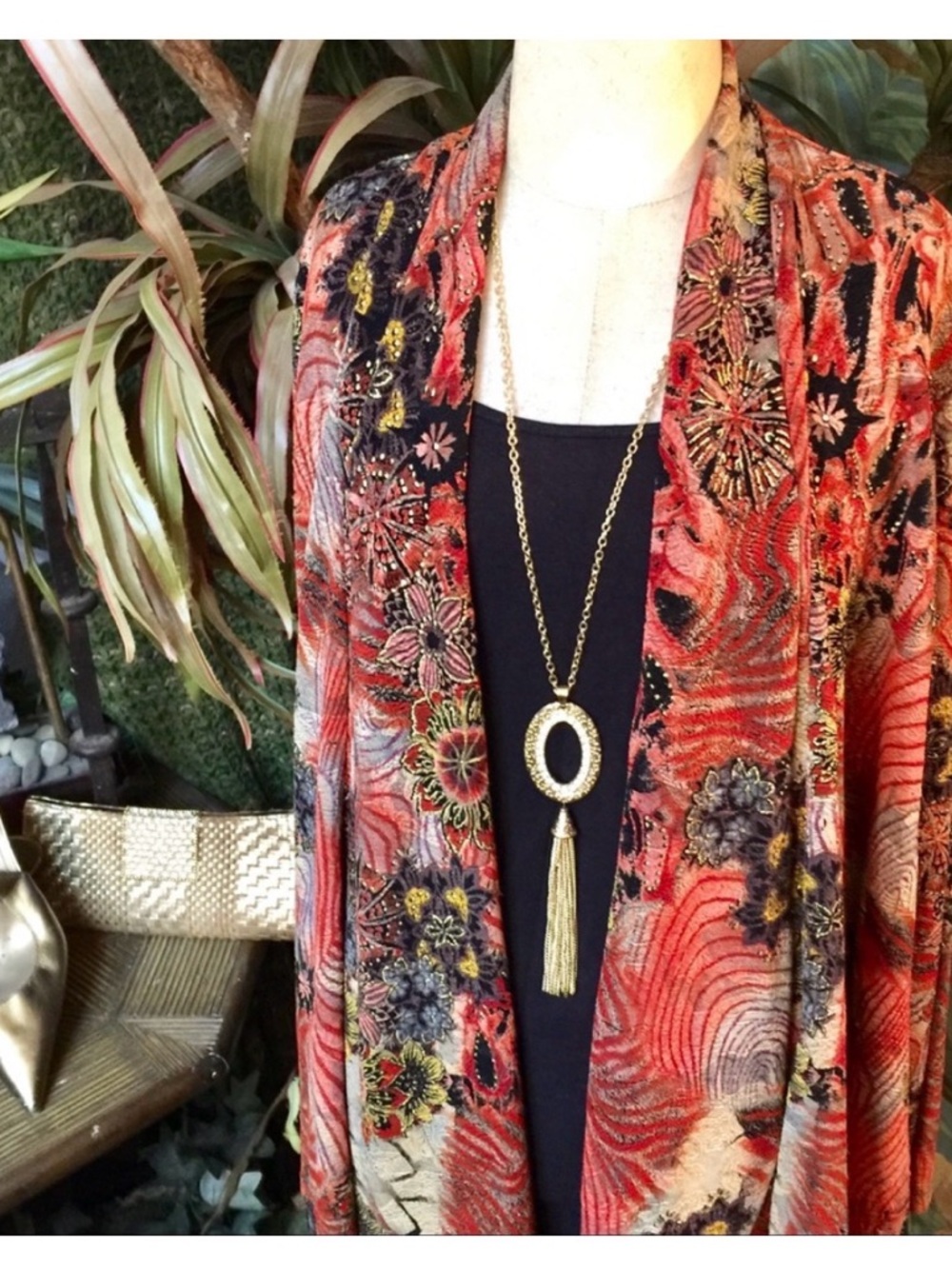 Coldwater Creek Red & Black Floral Open Cardigan